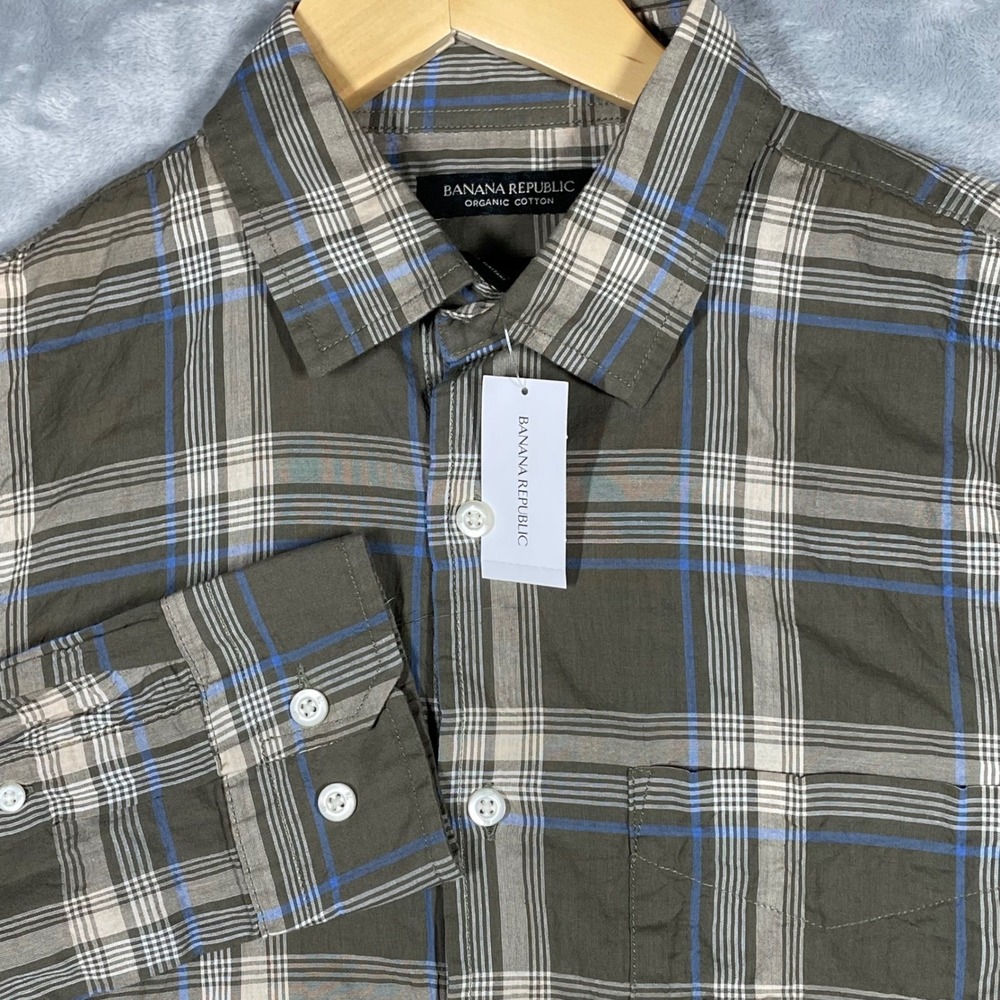 Banana Republic Mens Untucked Slim Fit Plaid Shirt Organic Cotton Olive S NEW